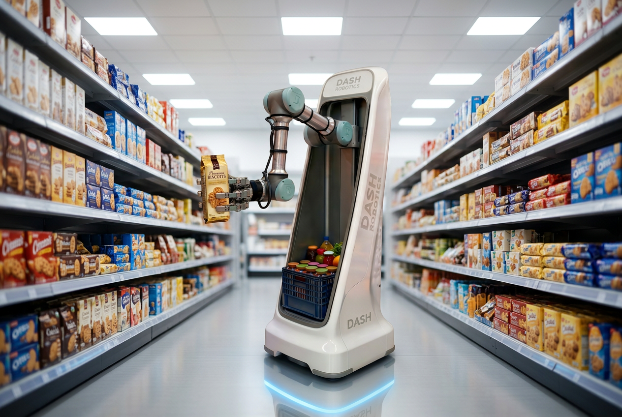 Autonomous Dash Robotics fulfillment robot navigating a retail store aisle