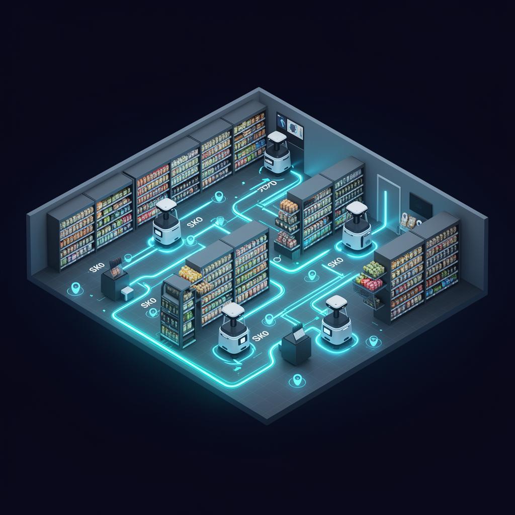 Isometric diagram of a Dash Robotics-enabled retail store with optimized robot routes